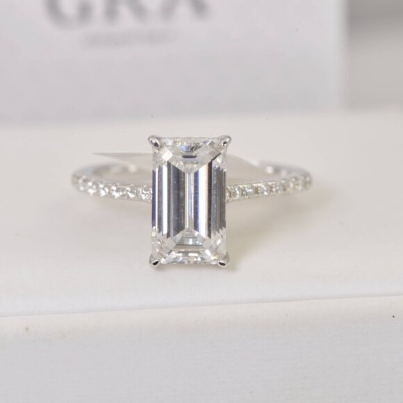 GRA Certified Moissanite Ring 7.88 tcw Emerald Cut Engagement Ring 925 sz 8 - Picture 3 of 7